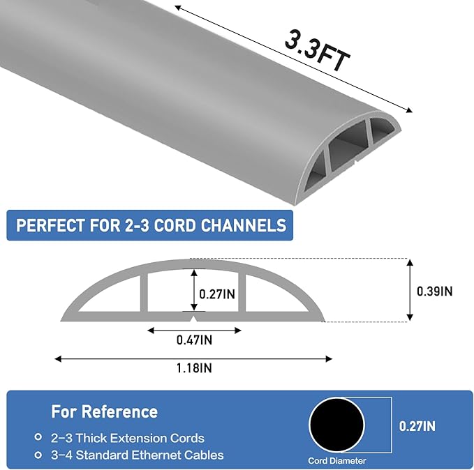Floor Cord Cover Self Adhesive Cord Hider Floor Extension Cord Covers for Floor Power Cord Protector Cable Management Prevent Cable Trips Cable Cavity 0.47" W x 0.27" H (Grey, 3.3Ft)