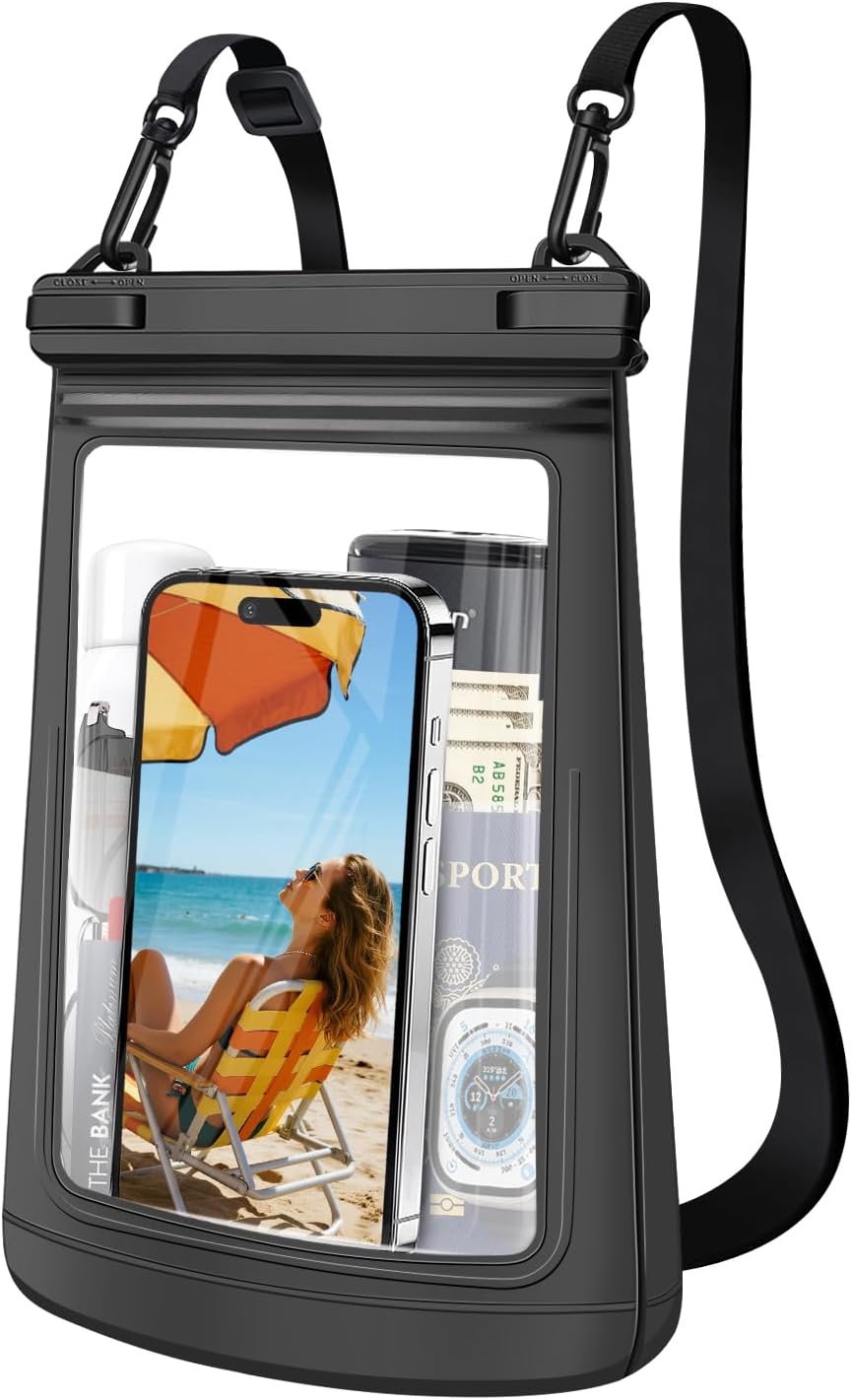 Large Waterproof Phone Pouch，Double Sealing Floating Waterproof Bag Cell Phone Dry Bag Up to 7.5", Beach Vacation Essentials Water Park Essentials(Black)