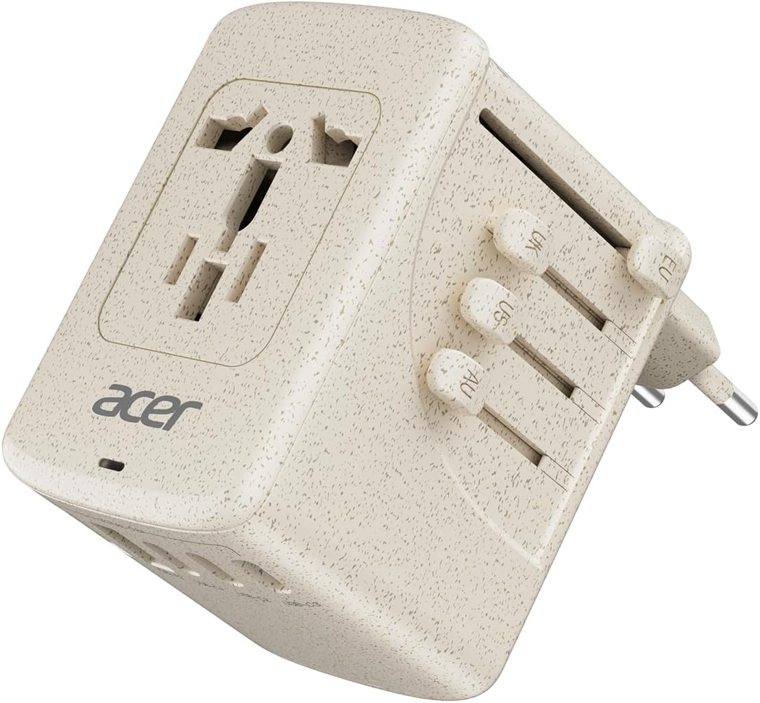 Acer Universal Travel Plug Adapter - International Power Adapter with 5 USB Ports (3 USB C) 5.8A, Worldwide Outlet Charger for USA to European UK France Germany Spain, Type C/E/F/G/I/L/A,Beige
