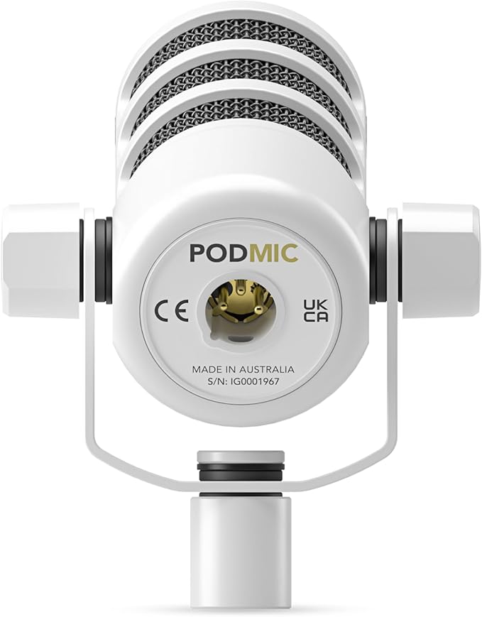 Rode PodMic White (Pair) Cardioid Dynamic Broadcast Microphones with 2X On-Stage MS7701B Boom Microphone Stands and 2X XLR Cables
