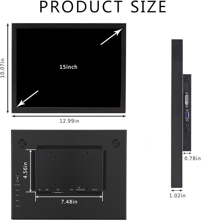 VSDISPLAY 15 Inch 1024x768 IPS LCD Monitor 4:3 Aspect Ratio Display with Metal HousingSupports VGA/DVI Inputfor Industrial/Gaming Extra Monitor