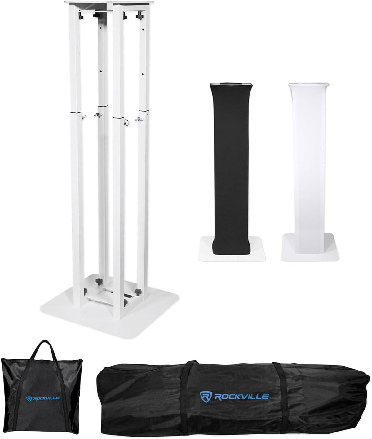 Rockville RTP82W 8 ft Adjustable Totem Light Stand, White & Black Scrims, Carry Bags, 35mm Speaker Adapter, Steel, Portable for DJs & Event Lighting