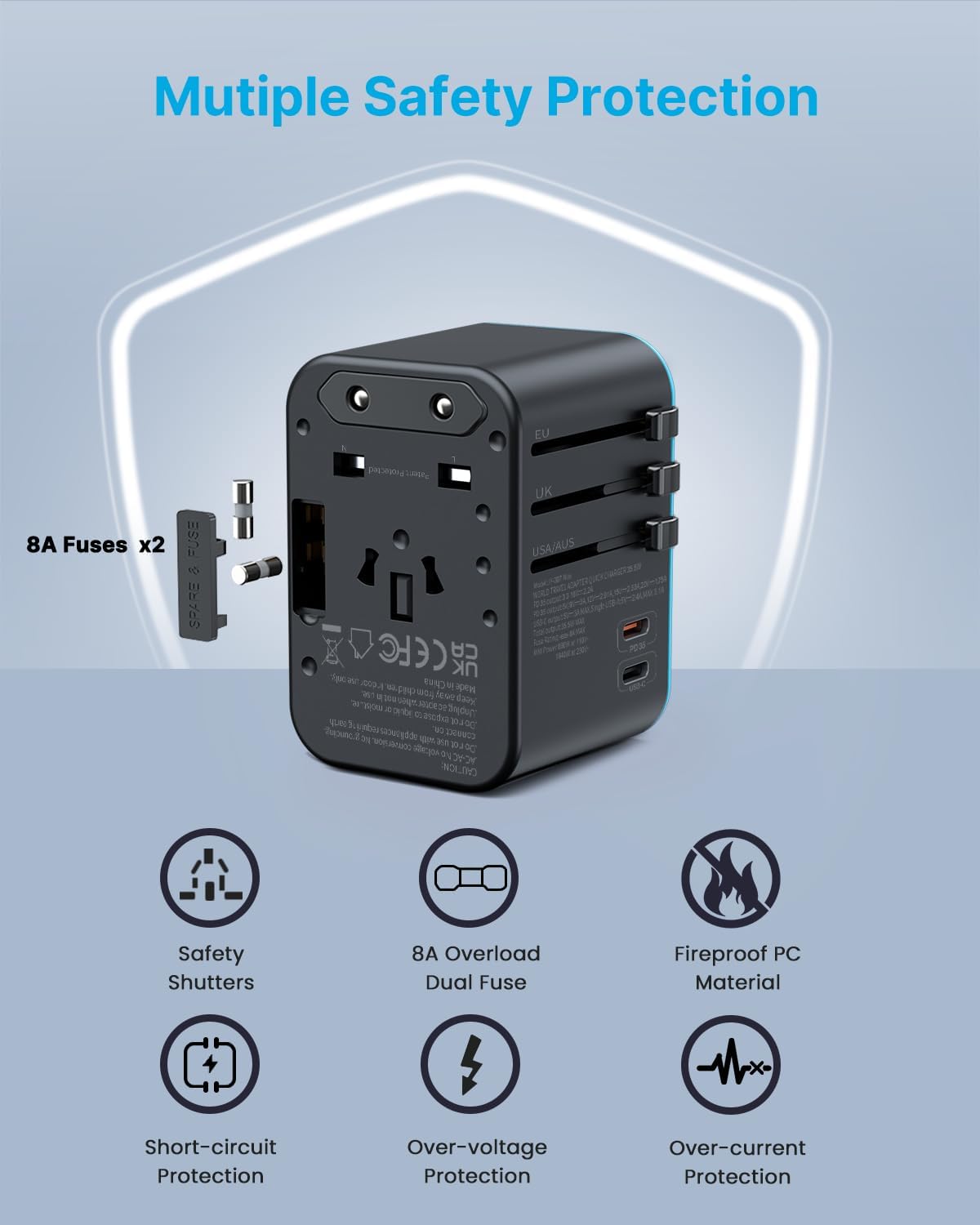 Universal Travel Adapter, VINTAR 35.5W International Power Adapter with 3 USB A QC and 2 USB C PD, All in One Plug Adapter Worldwide Travel Essentials for EU/UK/USA/AUS(Type C/G/A/I), Blue