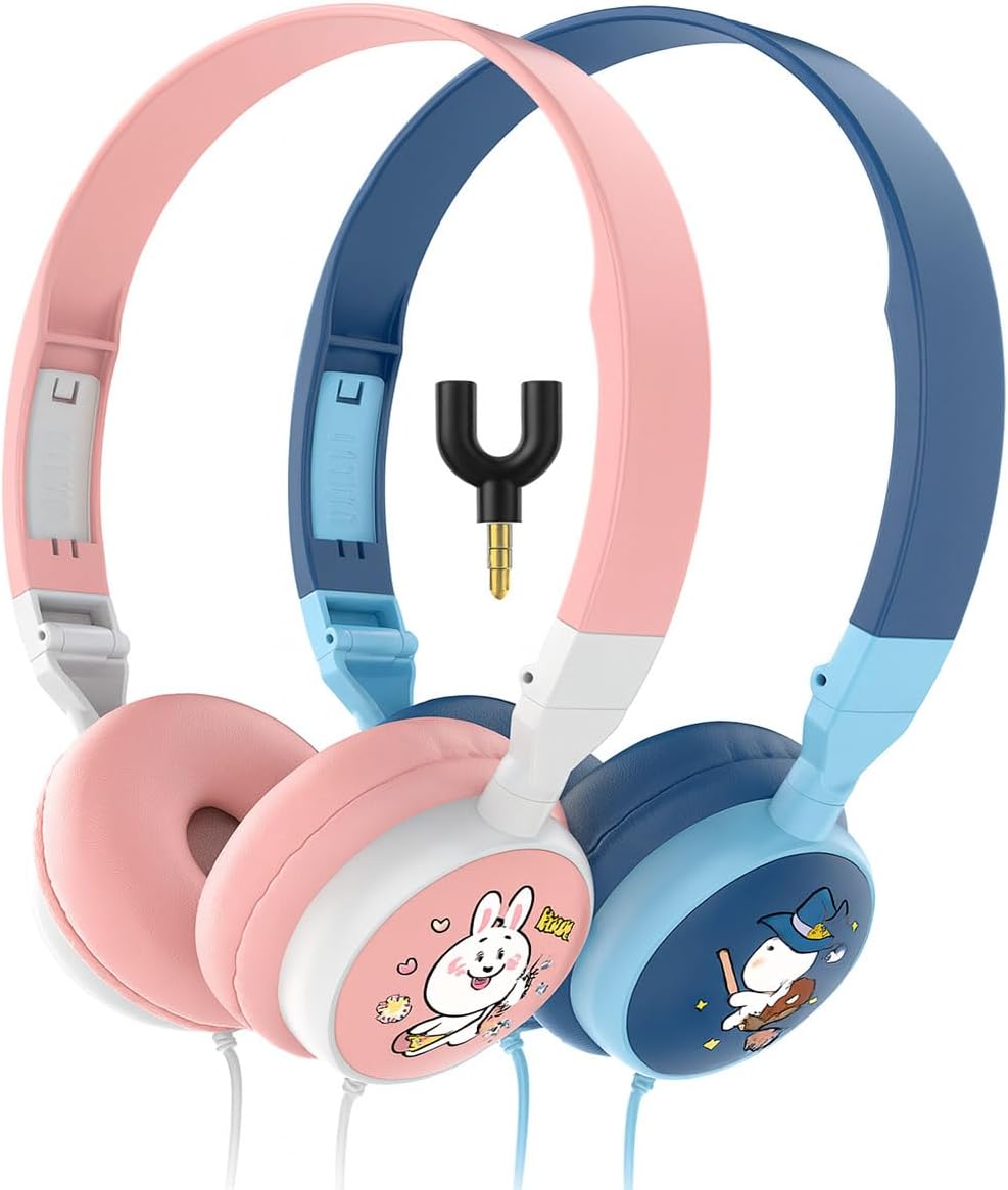 6+, 2 Pack 98dB Kids Headphones for School, Ages with Splitter, Safe Volume, Fun Colors, Perfect for Sharing at Home