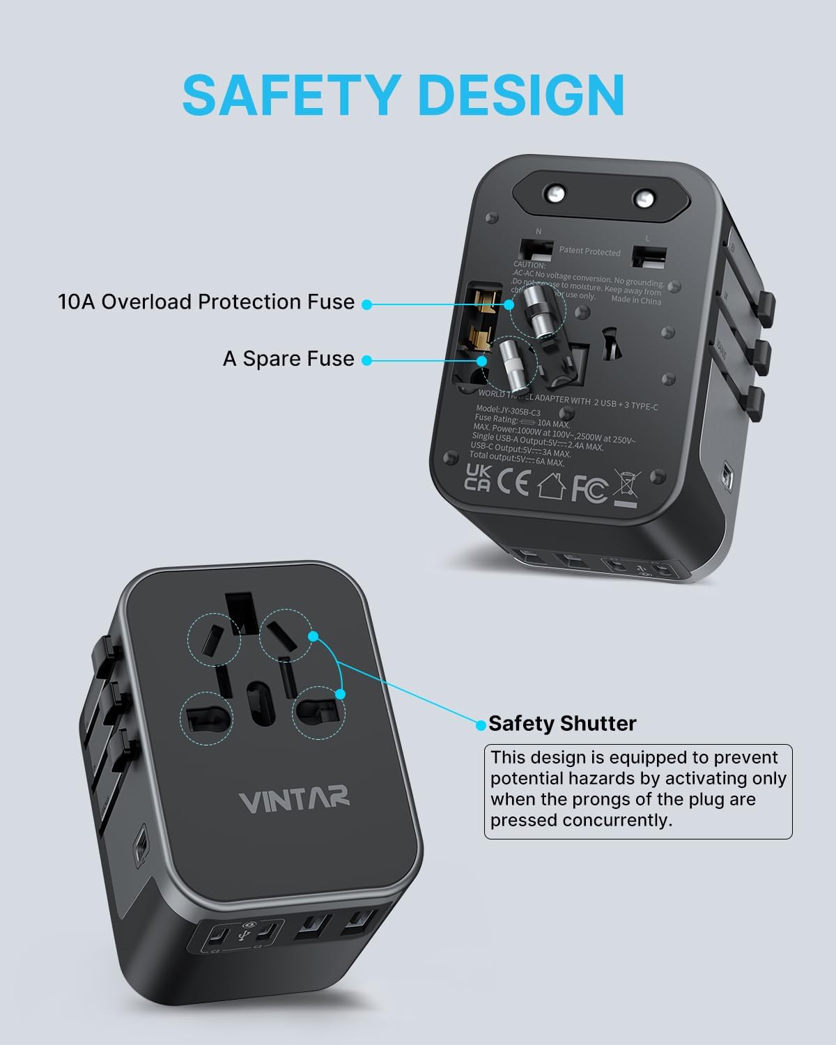 Universal Travel Adapter, VINTAR International Power Adapter with 6A 3 USB C and 2 USB Ports, All in One Travel Essentials Plug Adapter, Worldwide Outlet Converter for Europe UK USA AUS(Type C/G/A/I)
