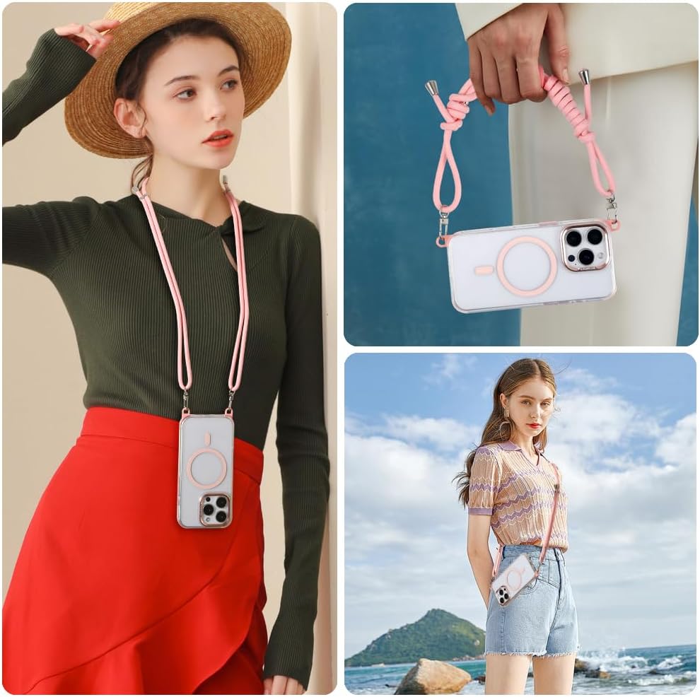 for iPhone 16 Pro Case with 62.99 inch Lanyard, Classic Clear&Pink Magnetic Phone Case, Drop&Shockproof Protection Cases, Phone Lanyard for Around The Neck, Compatible with Magnet Accessory