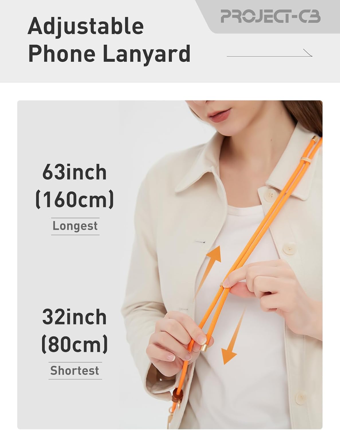 project-cb Cell Phone Lanyard 1,Phone Tether Tab 2,Crossbody Strap,Lanyards for Around the Neck,Adjustable Strap 80-160cm (White-Black-B)