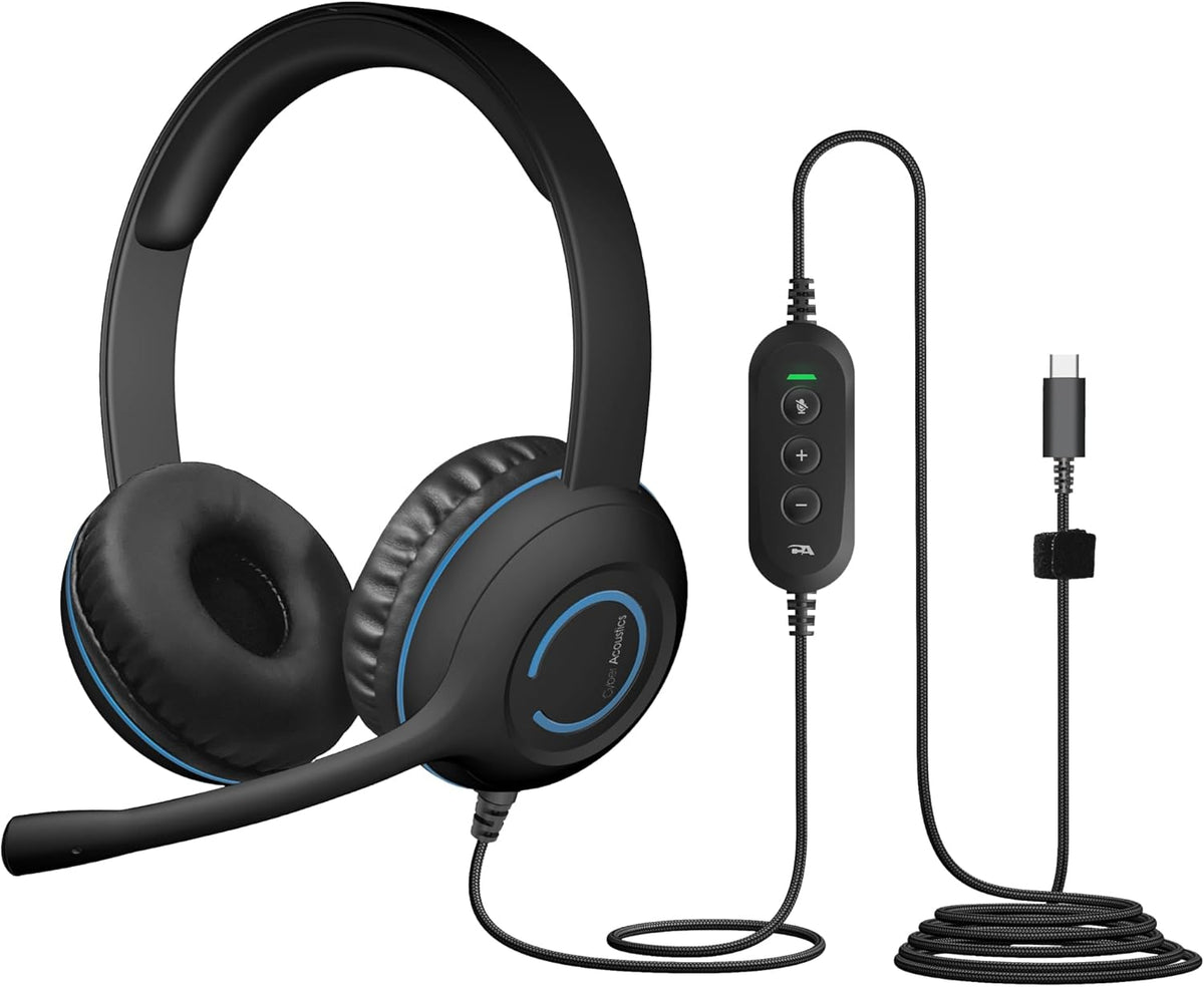 Cyber Acoustics USB-C Stereo Headset (AC-5014-80) – Durable, Crisp, and Clear Communication in Classrooms and at Home; in-Line Controls for Volume and Mic Mute - 80 Pack