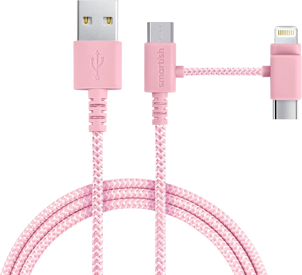Smartish USB-C/Lightning Cable for iPhone 16/15/14 - Crown Joule - 6 Foot Universal Fast Fabric Wrapped Charging Cable w/Micro-USB - Apple MFi Certified for iPhone 13/12/SE/iPad/AirPods/Android - Pink
