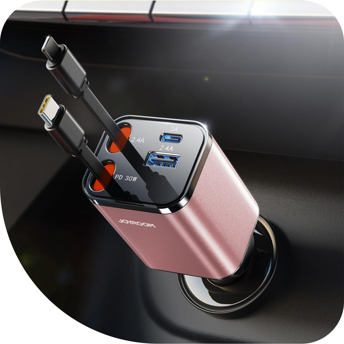 [2025 Upgrade] Retractable Car Charger 4 in 1 [69W Car Charger USB C] iPhone 16 Car Charger Fast Charging, Car Accessories, Car Phone Charger Adapter for iPhone 15 Pro Max, Pixel [Pink]