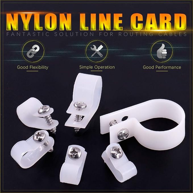 Swpeet 135 Pack 6 Sizes White Nylon Plastic R-Type Cable Clips Clamp Assortment Kit, 1/4" 5/16" 3/8" 1/2" 3/4" 1" Nylon Screw Mounting Cord Fastener Clips with 135 Pack Screws for Wire Management