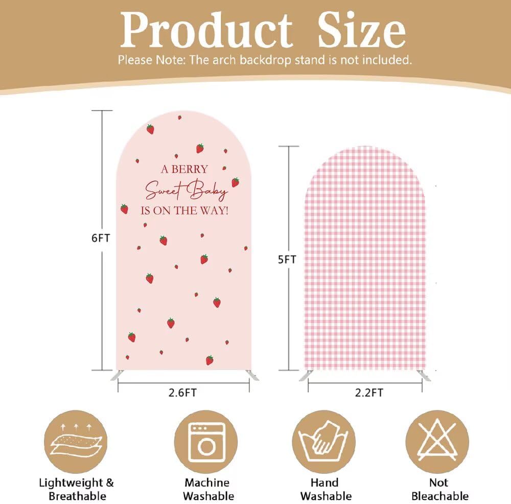 agogos 2 Covers,Set 2(6FT/5FT) Pcs A Berry Sweet Baby is ON The Way Arch Backdrop of Pink Plaids Strawberry Theme Arch