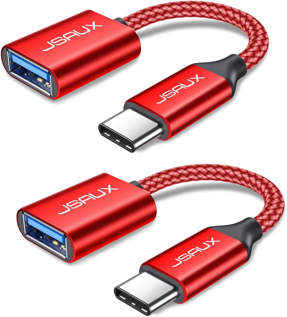 JSAUX USB C to USB 3.0 Adapter [2 Pack], Type C Male to USB Female OTG Cable Compatible with MacBook Pro/Air, iPhone 16 Pro Max/16 Plus/16e/16/15, Samsung Galaxy S25/S24/S23S/22-Red
