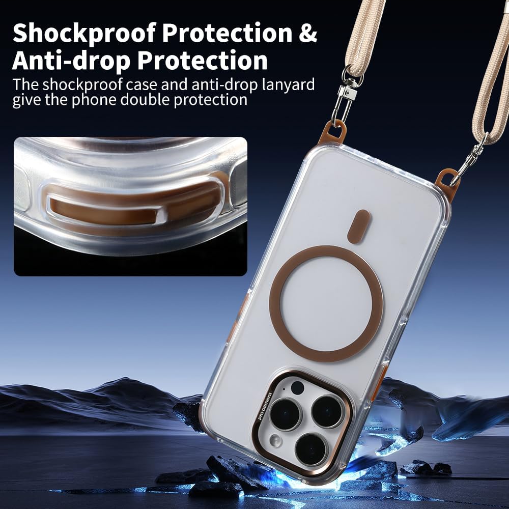 for iPhone 14 Pro Case with 62.99 inch Lanyard, Compatible with MagSafe, Shockproof Military-Grade Protection, Yellowing Resistant, Adjustable Strap Magnetic Phone Case, Classic Clear&Brown