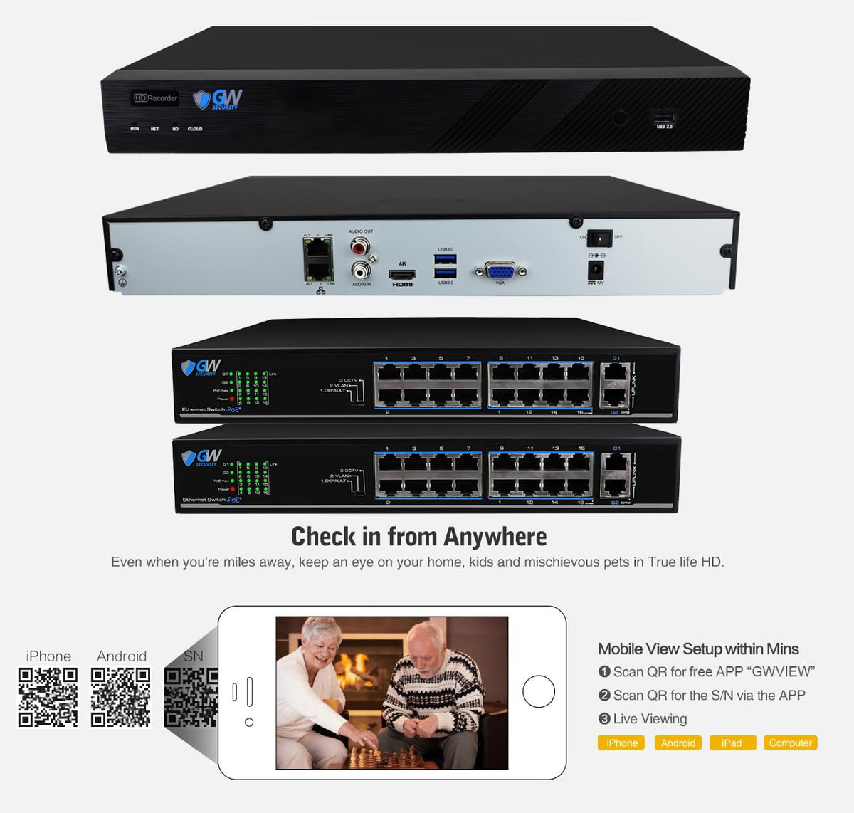 GW Security 32 Channel NVR UltraHD 12MP 4K @30FPS Face/Human/Vehicle Detection PoE Security Camera System with 16 x 12MP (4512x2512) IP Microphone
