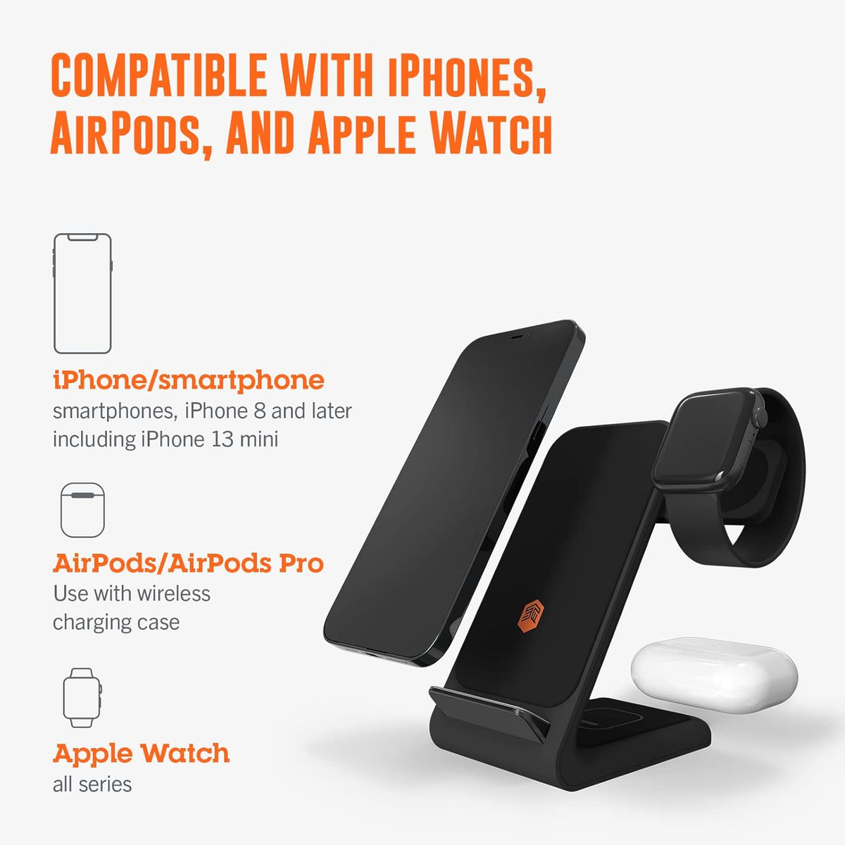 STM ChargeTree Swing 3-in-1 Wireless Charging Station for iPhone/Samsung/Android (15W/7.5W), AirPods (5W), Apple Watch (3W). Qi-Certified Stand- Black