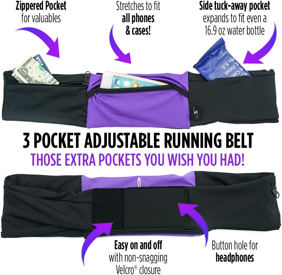 3 Pocket Adjustable Running Belt Waist Pack, Fanny Pack For Working Out With Sweat Resistant Backing, Holds All iPhone Models
