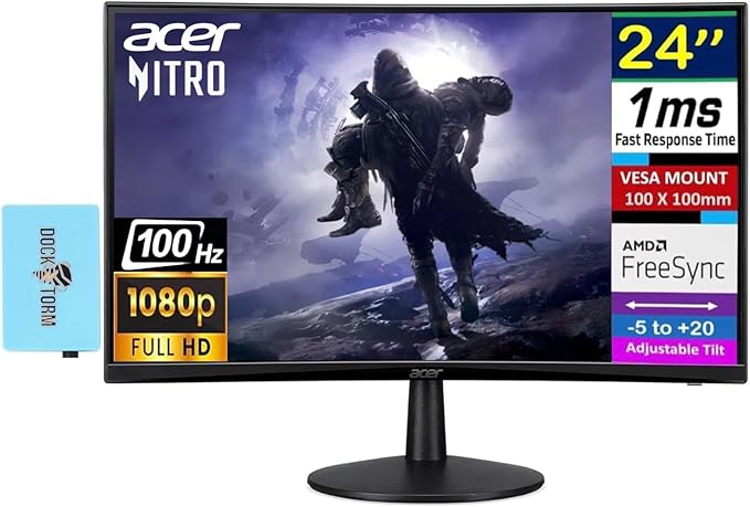 acer Nitro 24 Monitor FreeSync 100?Hz FHD 1500R Curve ZeroFrame Design with 1ms Response Time VESA Mount (100mm) VGA HDMI &amp Dockztorm USB Port Expander Black (2026) &amp Ergoflexy Single Mo