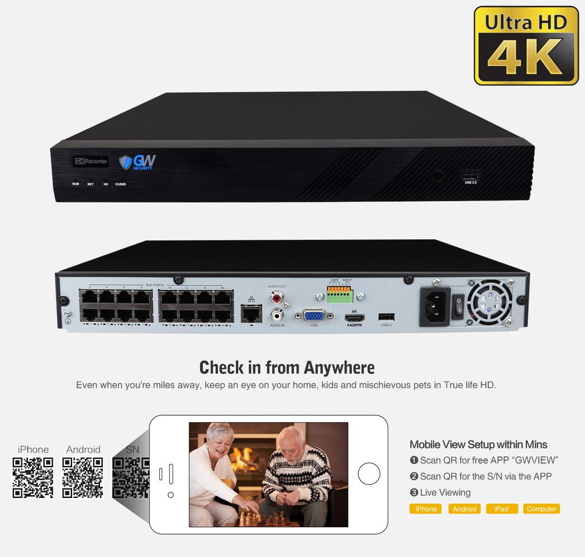 GW Security 16 Channel 4K NVR 8MP AI Human & Vehicle Detection Security Camera System with 16 UHD 4K 2160P Microphone PoE Outdoor/Indoor Waterproof IP