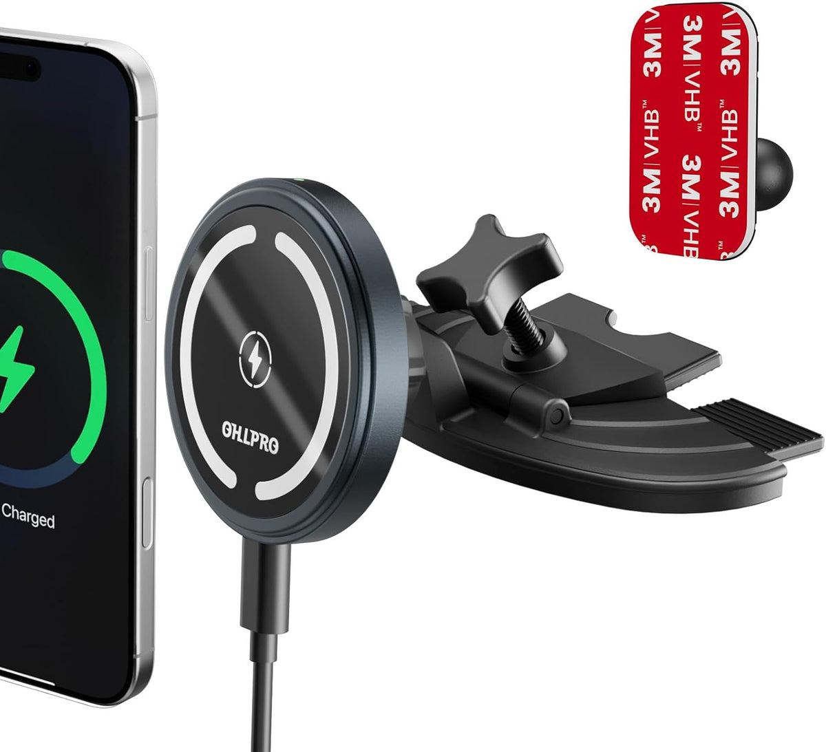 OHLPRO for 15W MagSafe Car Mount Charger for iPhone 16, Fast Wireless Charging, Magnetic CD Slot Holder with 3M Adhesive Base for Dashboard, Aluminum Shell, Compatible with iPhone 16/15/14/13 Pro Max