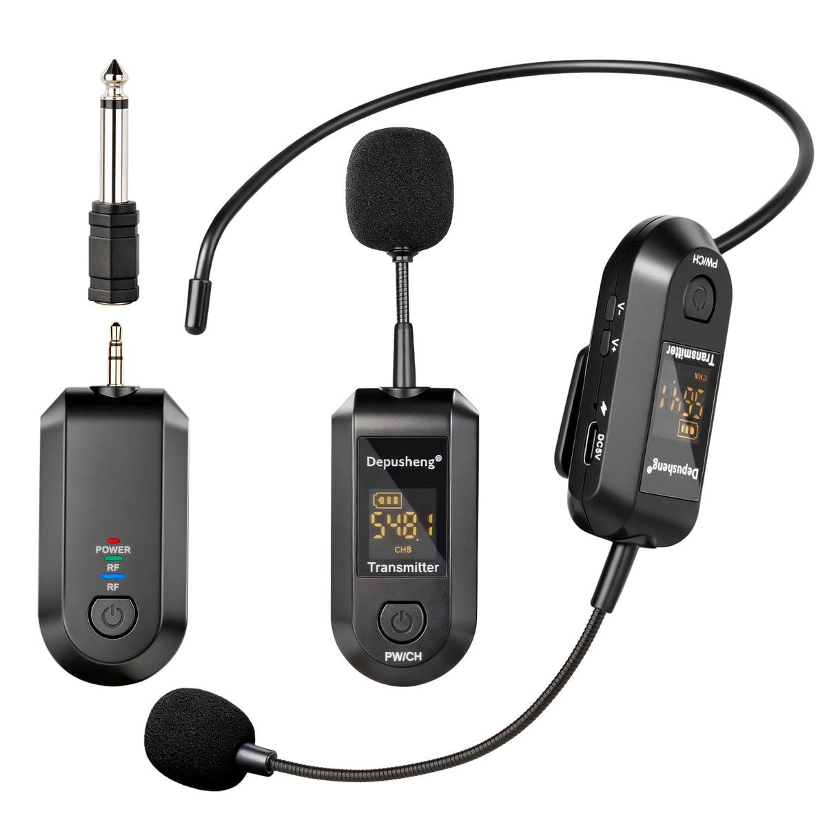 Depusheng 2.4G Wireless Microphone Headset,Lavalier and Handheld Mic 160ft Range,with 1/8&1/4 Plug for PA System,Voice Ampli