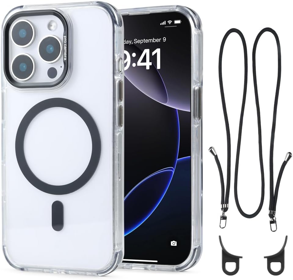 for iPhone 15 Pro Max Case with 62.99 inch Lanyard, Classic Clear&Black Magnetic Phone Case, Drop&Shockproof Protection Cases, Phone Holder Lanyard, Compatible with Magnet Accessory