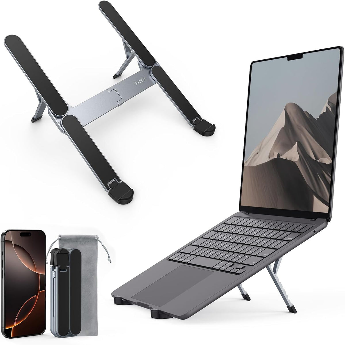 SODI [Ultra Compact] Foldable & Portable Laptop Stand for Desk, Lightweight Tablet Stand for Business Travel, Library, Cafe, 6 Level Height Ergonomic Aluminum Computer Holder for 10-16" Laptops