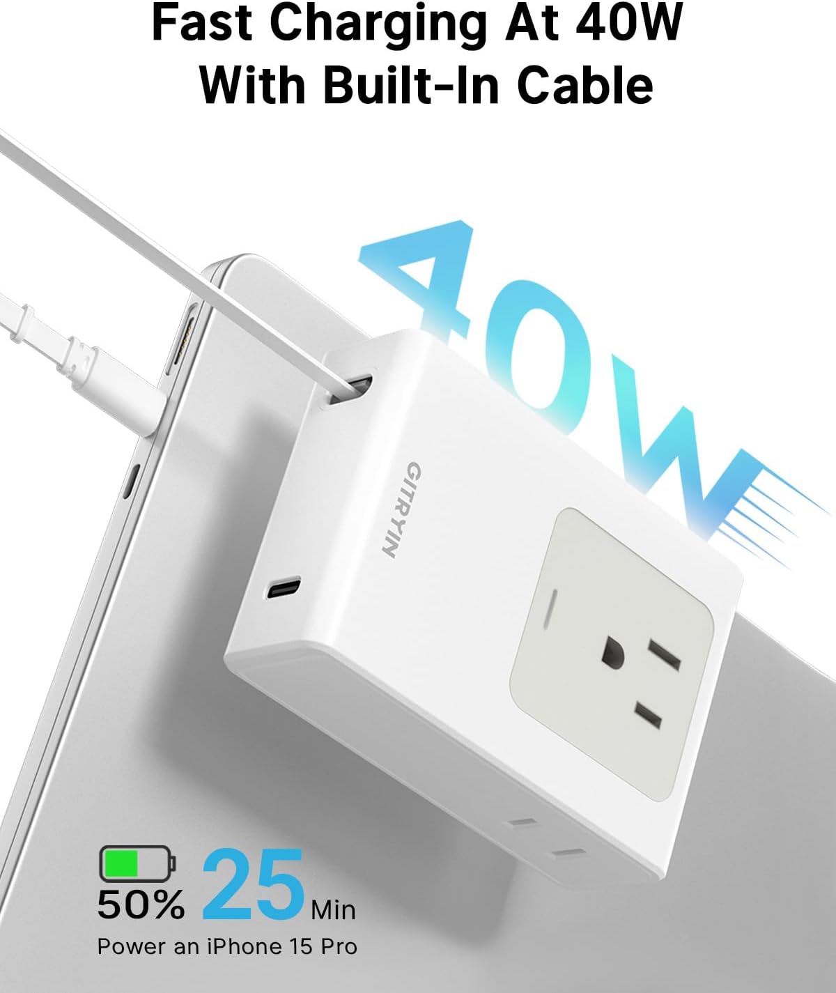 Flat USB C Wall Charger with 31.5in Retractable Type-C Cable, 5-in-1 Slim Wall Charger, 40W Fast Charging Power Plug with 3 Outlets 1 USB C Port, Type A Power Adapter for US to Japan Travel