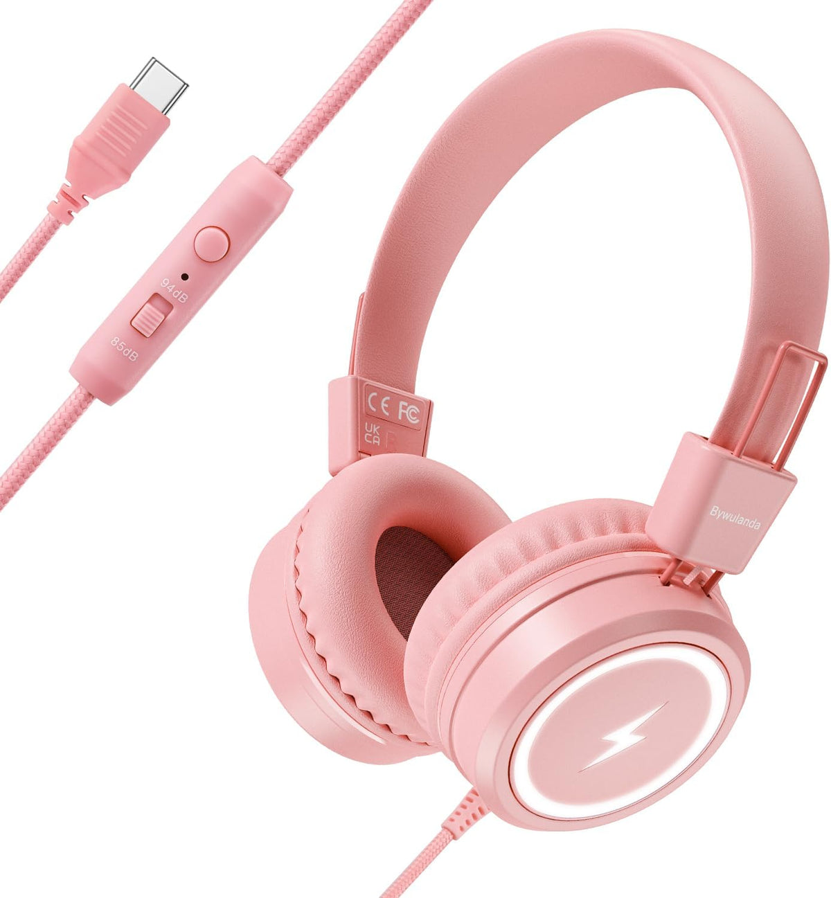 85/94dB, Bywulanda Kids Headphones with LED Lights for School, Upgrade USB Type C Kid Headphone with Microphone, Volume