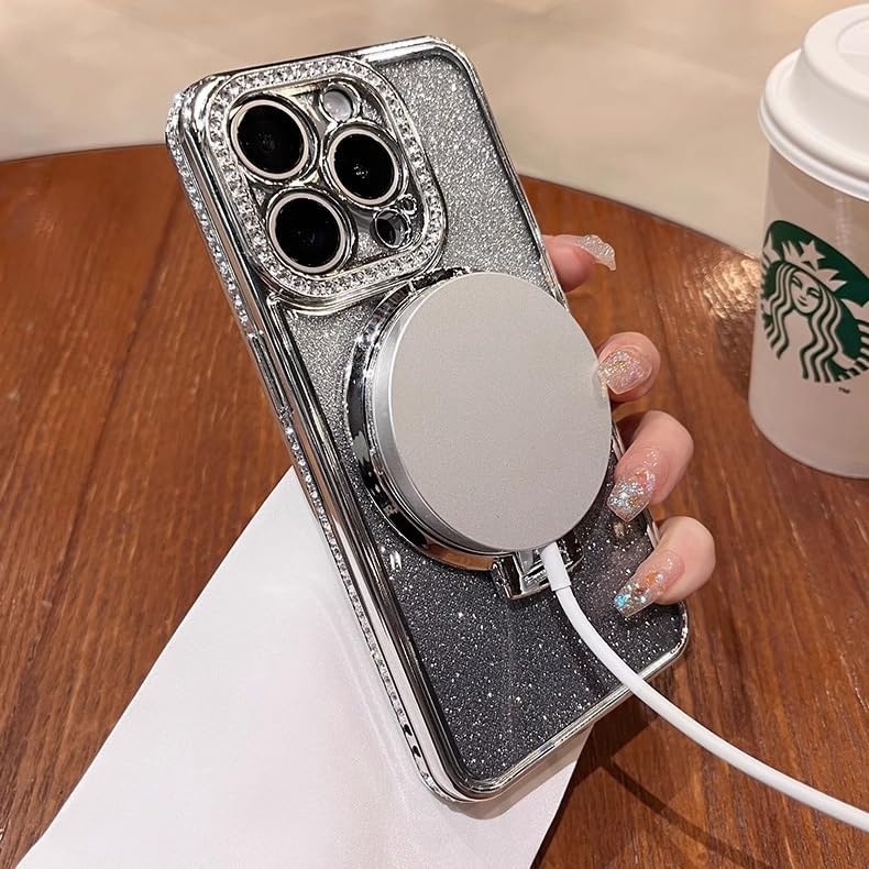 Magnetic Kickstand (Glitter Lens Protector ) Case for iPhone 15 14 13 12 Pro Max (Compatible with Magsafe ) Sparkling Diamond Cover Glitter Shiny Rhinestone Cases (Gold,for iPhone 13 Pro)