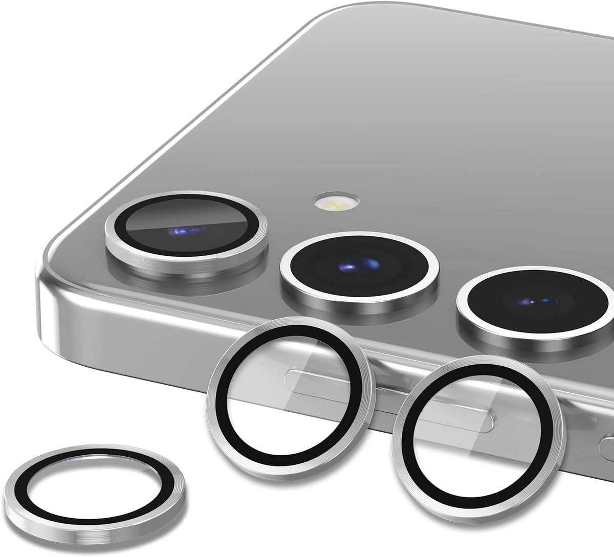 for Samsung Galaxy S24 FE Camera Lens Protector, Individual Metal Ring Tempered Glass Lens Cover, [Strong Adsorption] Scratch Resistant Ultra-Thin HD Clear Lens Cover, 1 Set-Silvery