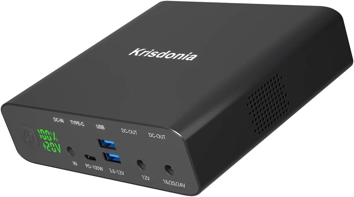 Krisdonia Portable Laptop Charger 32000mAh 100W PD Power Bank, External Battery Pack with 1 USB-C PD3.0 Port, 2 DC Ports, 2 USB QC3.0 Ports for Laptops, Tablets, Smartphones and Other Devices