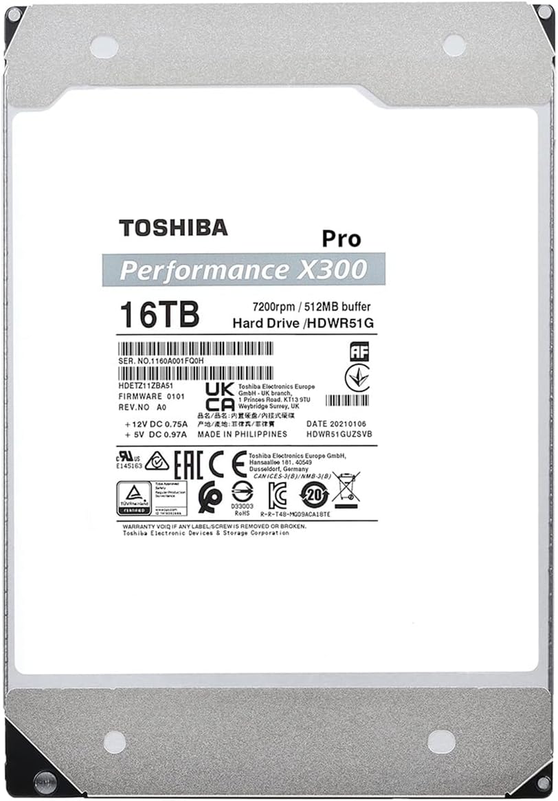 Toshiba X300 PRO 16TB High Workload Performance for Creative Professionals 3.5-Inch Internal Hard Drive – Up to 300 TB/Year Workload Rate CMR SATA 6 GB/s 7200 RPM 512 MB Cache - HDWR51GXZSTB