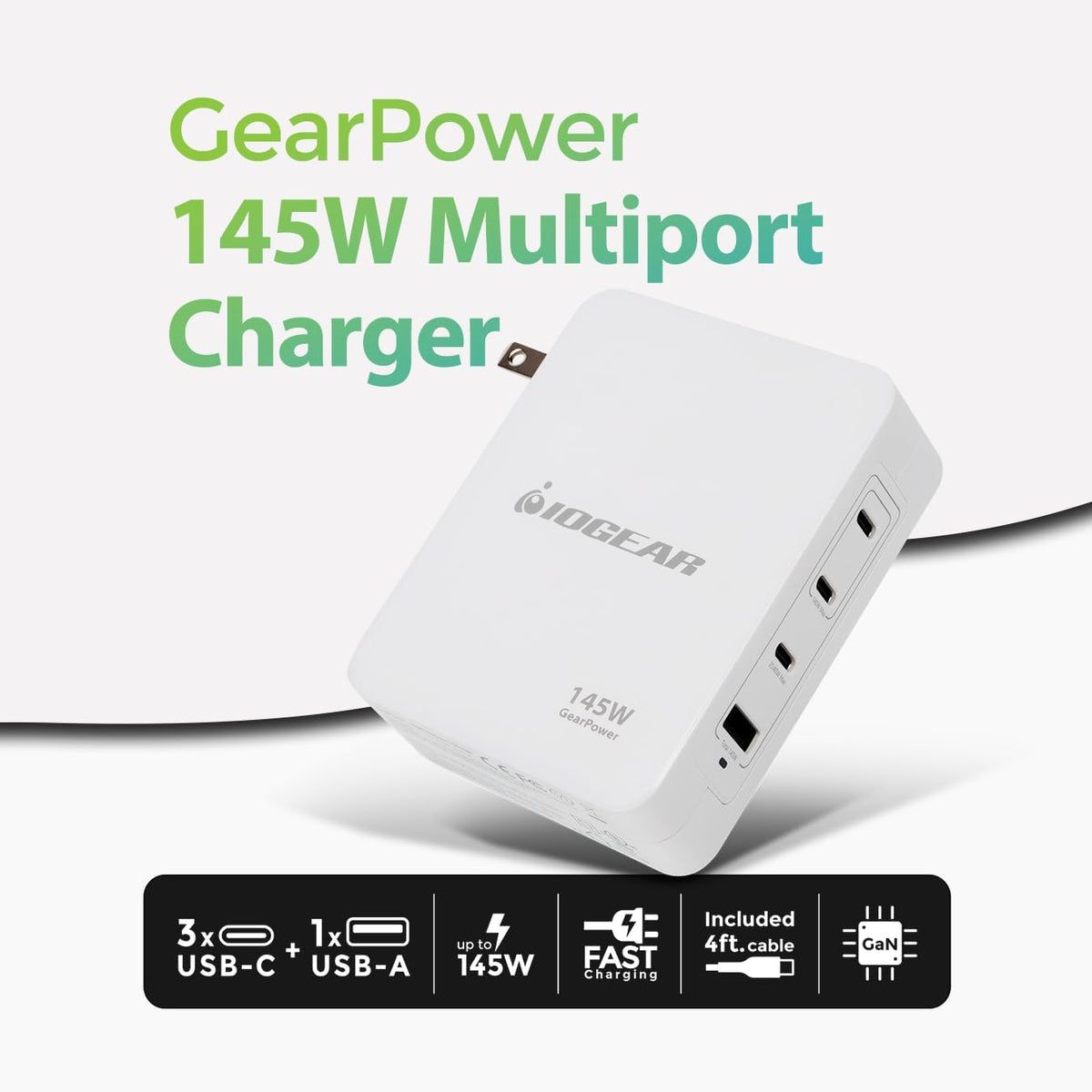 IOGEAR GearPower 145W Multiport Charger, GaN, 4 Port, USB-C Cable, iPhone 16, MacBook Pro/Air, iPad Pro, Google Pixel, Travel Wall Charger, Cable Included, GPAWC145W