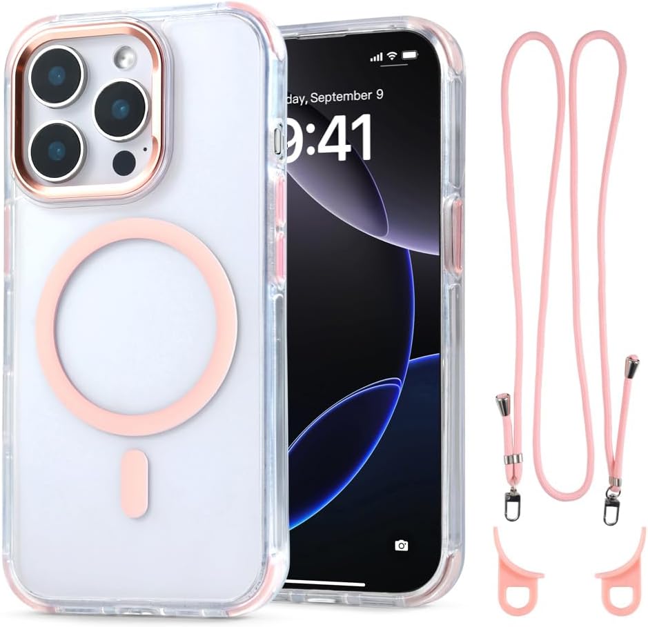 for iPhone 15 Pro Max Case with 62.99 inch Lanyard, Classic Clear&Pink Magnetic Phone Case, Drop&Shockproof Protection Cases, Phone Holder Lanyard, Compatible with Magnet Accessory