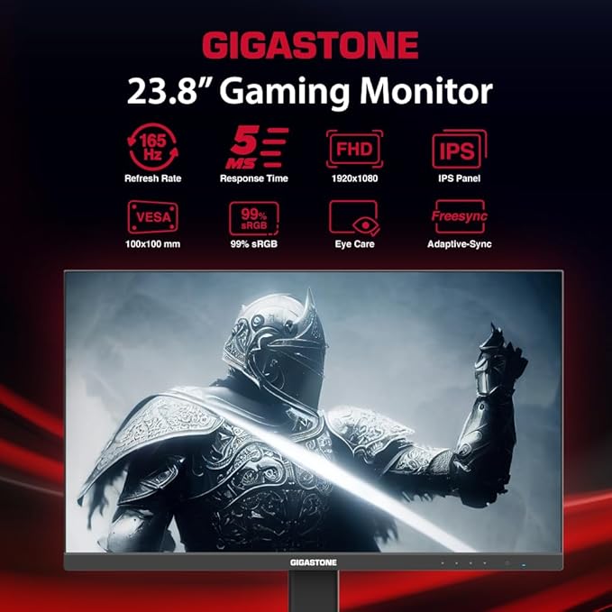 Gigastone 24 inch IPS LED Back Light Gaming Monitor 165Hz FHD 1920 x 1080 178° Wide View Frameless PC Monitor Built-in Speakers FreeSync Eye Care Technology Ergonomic Tilt VESA MountDPHDMI