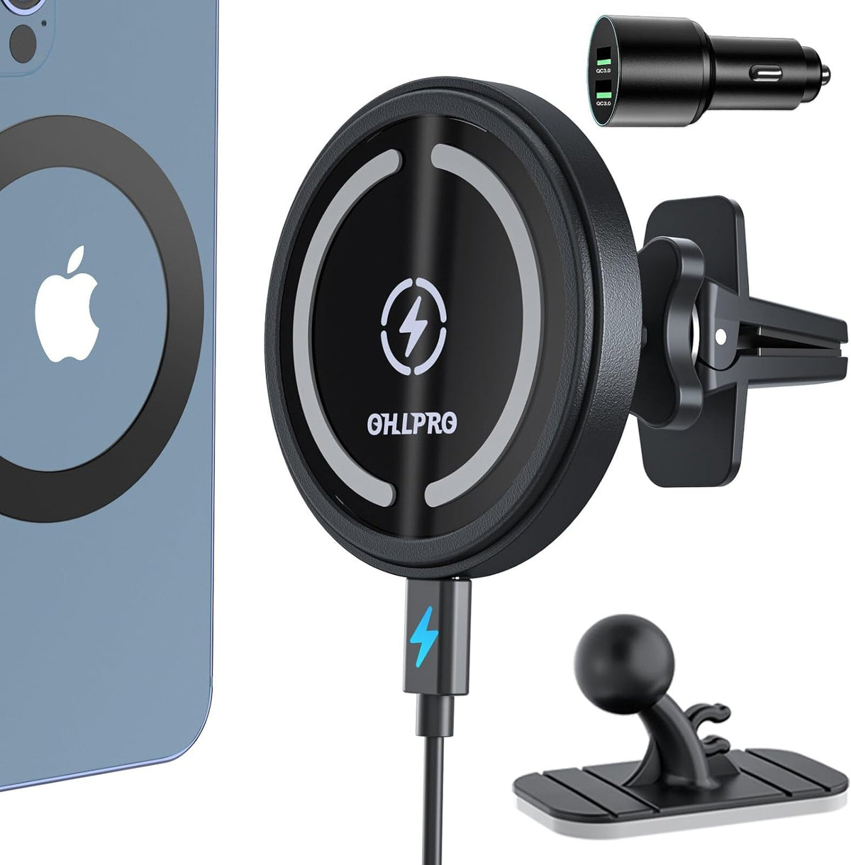 OHLPRO MagSafe Car Mount Charger, 15W QC 3.0 Fast Charging for iPhone 16 ProMax, Pro, Plus, 15, 14, 13, 12 Series, Stick on Car Dashboard & Air Vent Phone Holder