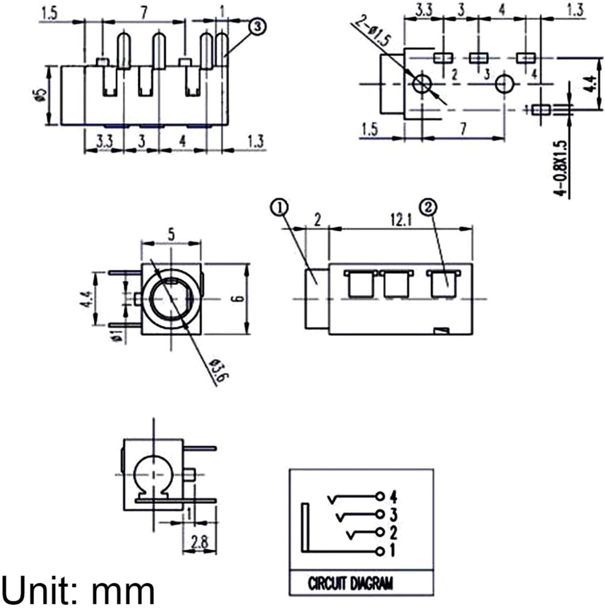 10Pcs 1/8" 3.5mm 4 PJ-320A MP3/MP4 uxcell Stereo Jack Socket, Pin PCB Mount Female Socket Headphone Audio Connector