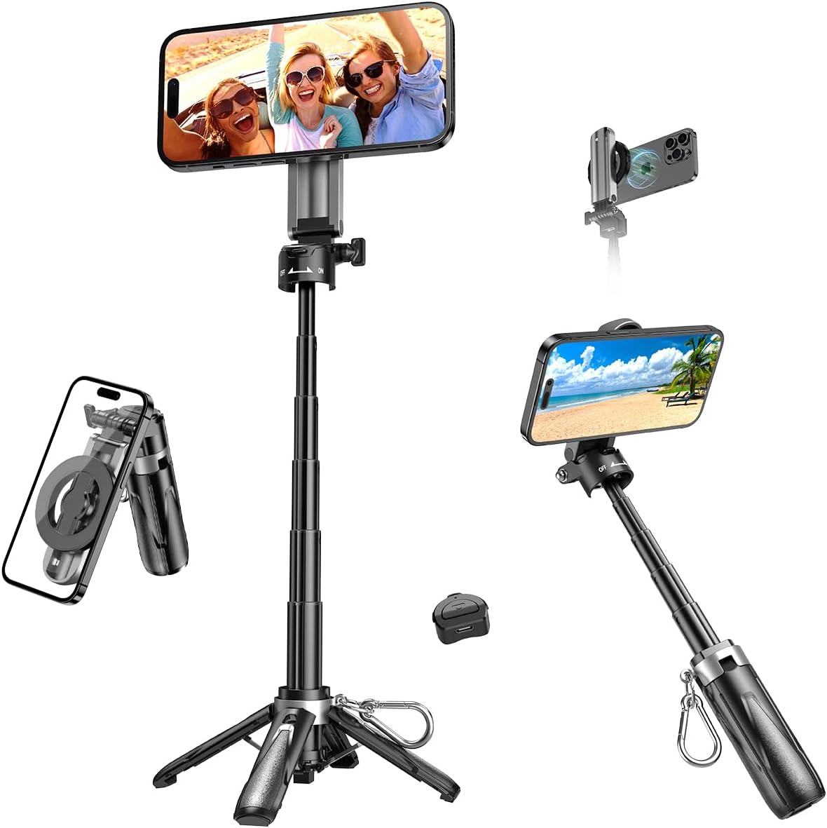 Magnetic Selfie Stick for iPhone,4 in 1 Multifunctional Portable Selfie Sticks Retractable Cell Phone Travel Tripod with Remote Control, Mini Tripod Phone Stand for iPhone 16/15/14/13/12 Series