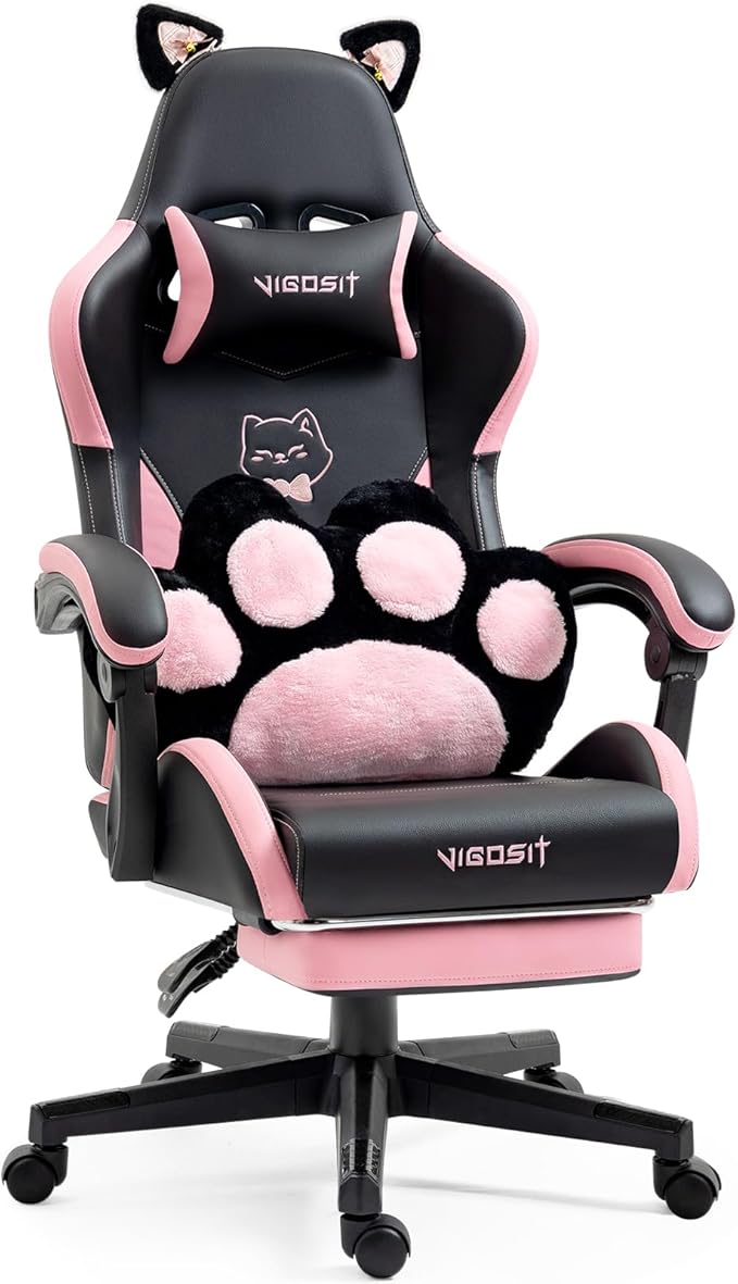 Gaming Chair Cute Cat Gaming Chairs with Paw Lumbar Cushion for Girls Video Gamer Chair with Footrest for Girl Teen Woman (Blackpink-A)