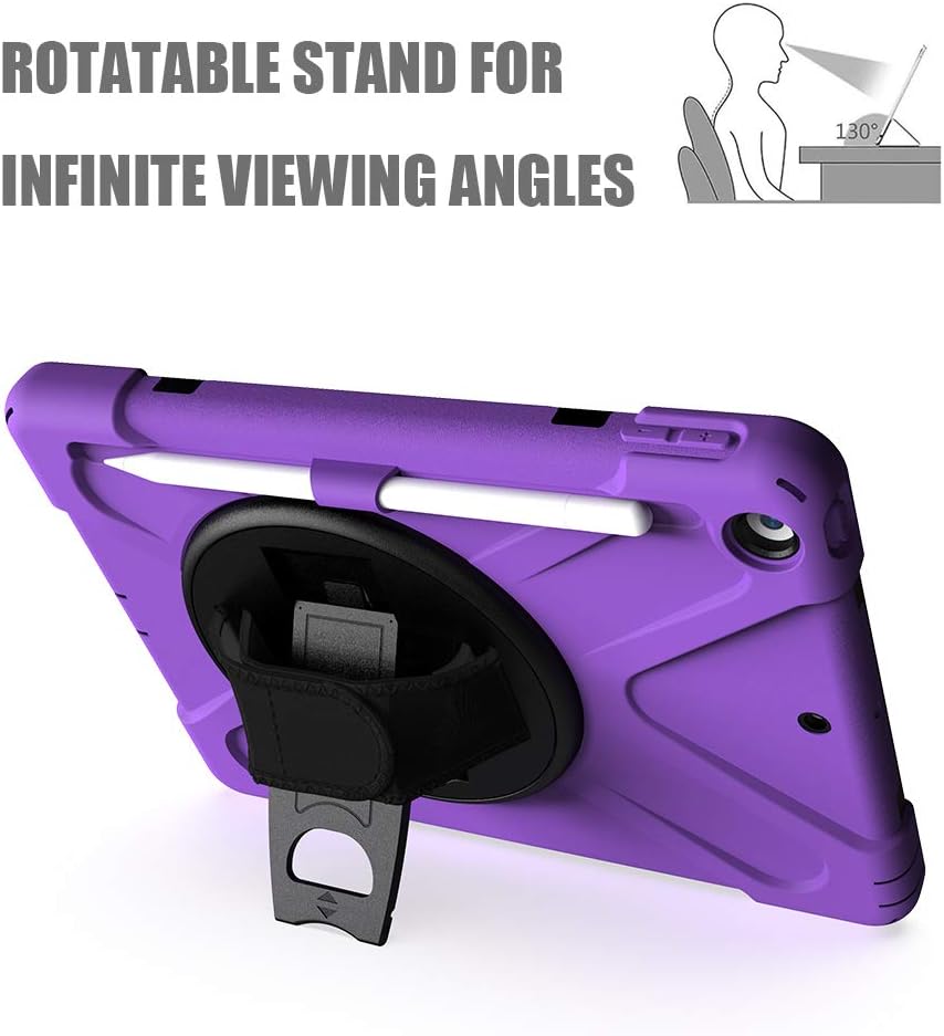 ZenRich Shockproof Case for iPad 9th/8th/7th Generation 10.2 inch 2021/2020/2019, Heavy Duty Rugged Case with Pencil Holder/360° Rotating Kickstand/Handle/Carrying Strap, Purple