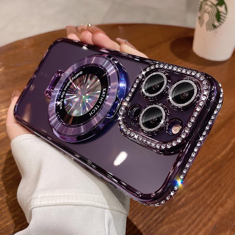 Magnetic Kickstand (Glitter Lens Protector ) Case for iPhone 16 15 14 13 Pro Max (Compatible with Magsafe ) Sparkling Diamond Cover Glitter Shiny Rhinestone Cases (Purple,for iPhone 16 Pro Max)