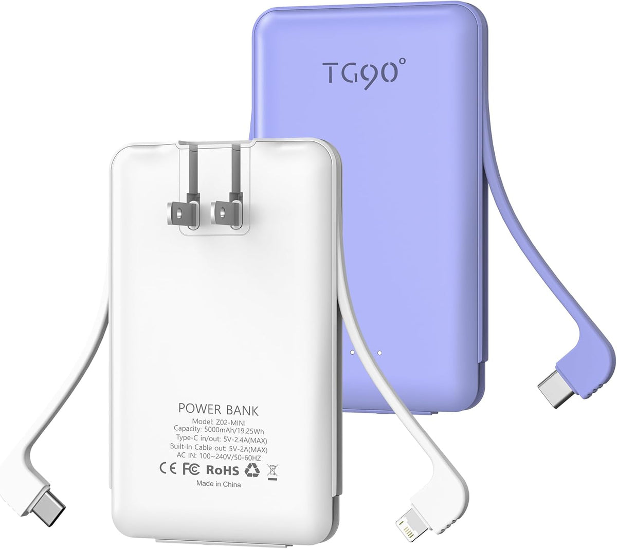 TG90° 2 Pack External Battery Pack 5000mAh Portable Charger, USB C Power Bank with Built-in Foldable AC Wall Plug and Cables, Mini Battery Charger Compatible with iPhone, Samsung, Google etc