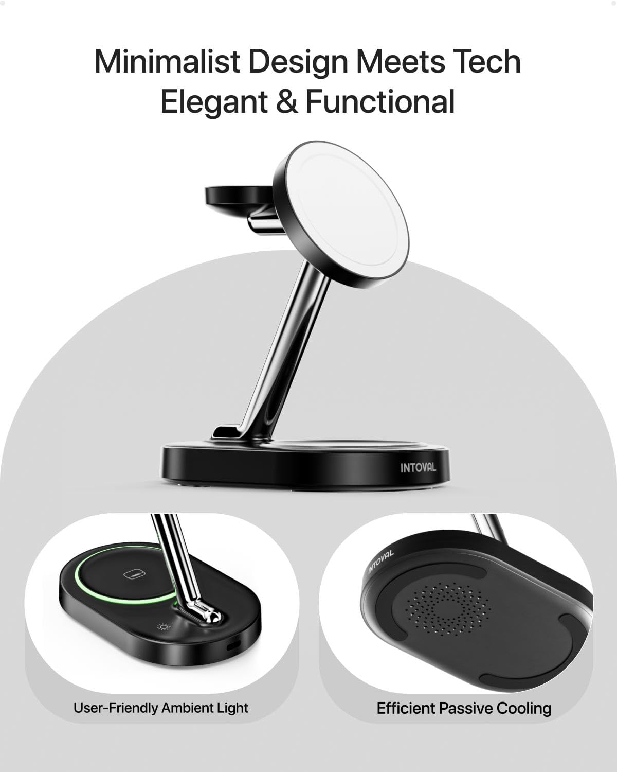 Intoval Fast Charging Station for Magsafe Apple Devices, Wireless Charger for MagSafe iPhones, 3 in 1 Magnetic Charger Stand for iPhone 16/15/14/13, Apple Watch & AirPods. (Black)