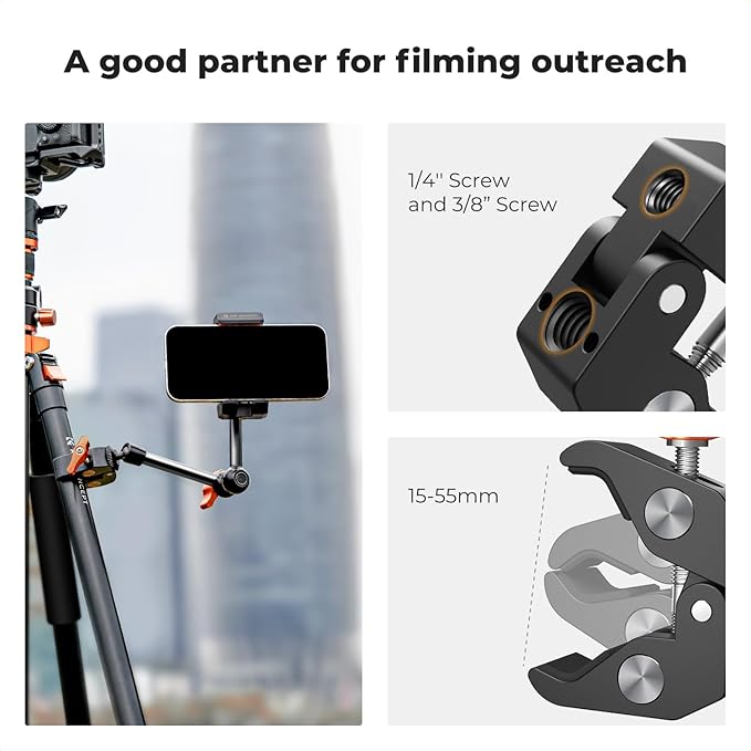 K&F CONCEPT 9.8" Magic Arm Clamp Kit with 1/4" & 3/8" Thread Screw 360° Ball Heads Articulating Magic Arm Camera Mount for Monitor, Flash, LED Light, Microphone, Camera Cage, Action Camera