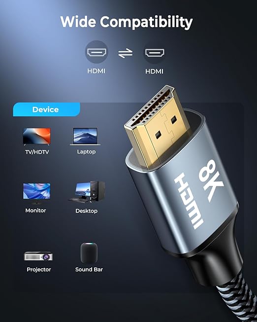 CABNEER 8K HDMI Cable 25 ft, 48Gbps High Speed HDMI 2.1 Cable, Braided HDMI Cable 2.1 8K 60Hz 4K 120Hz Support for HDR eARC HDCP 2.2/2.3, HDMI Cord Compatible with HDTV, Laptop, Monitor, PC
