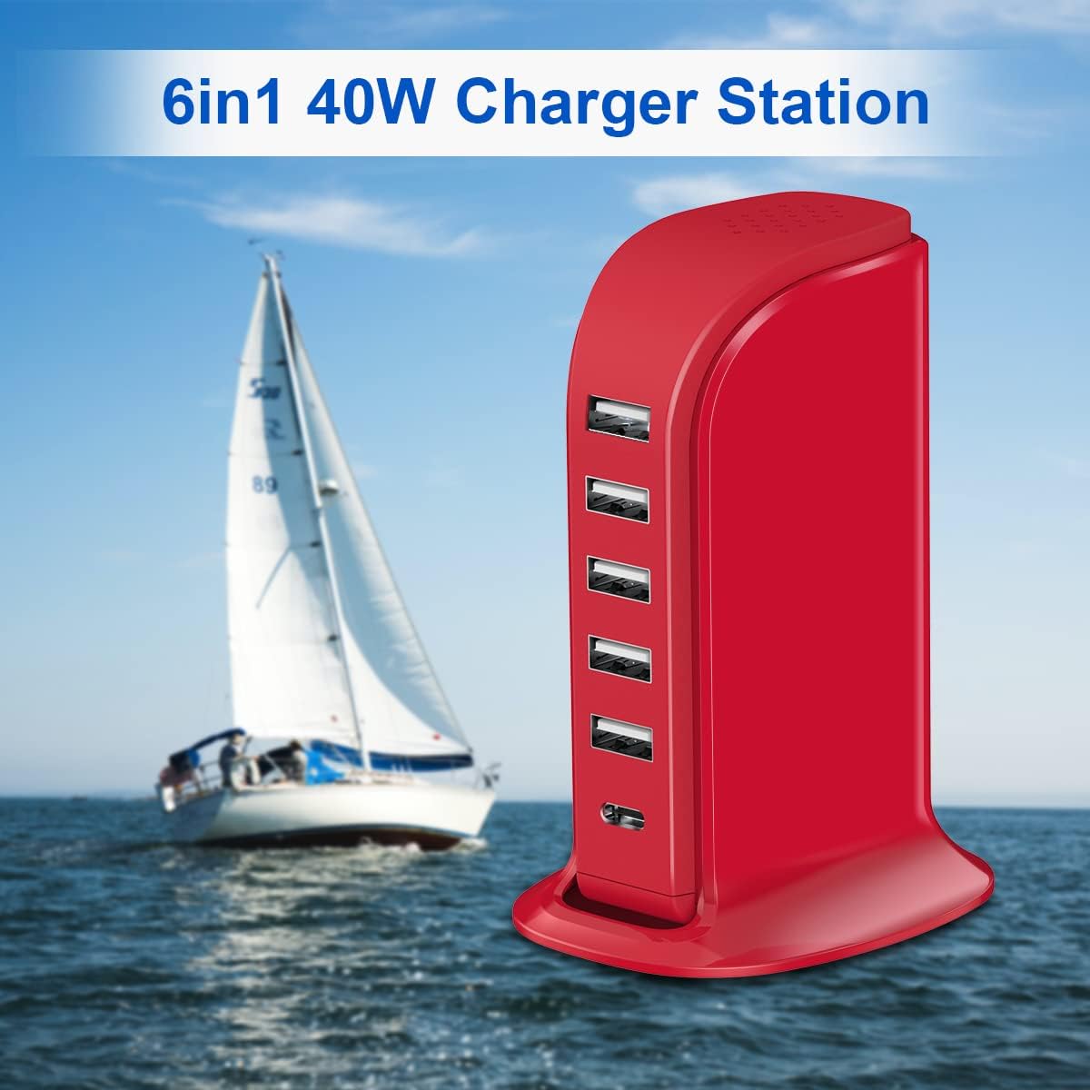 USB Phone Charger 6 Ports 40W Upoy, Type C Wall Charger Smart 6A, Charging Tower with 5ft Power Cord, USB Power Adapter Fast Charging, Smart Home Device Charging Station, iPhone/Ipad Accessories