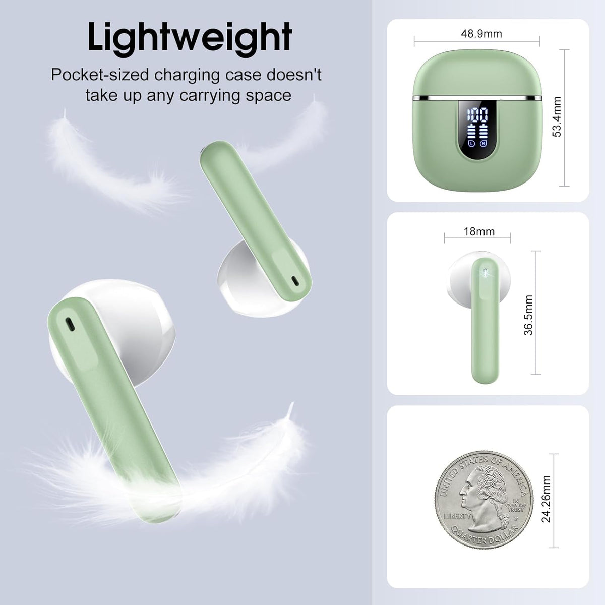 Wireless Earbuds, Bluetooth 5.4 Headphones with 3D Bass Stereo, 40H Ultralight in-Ear Buds, Bluetooth Earbuds with 4 ENC Noise Cancelling Mic, USB-C, IP7 Waterproof Earphones for Android iOS, Green