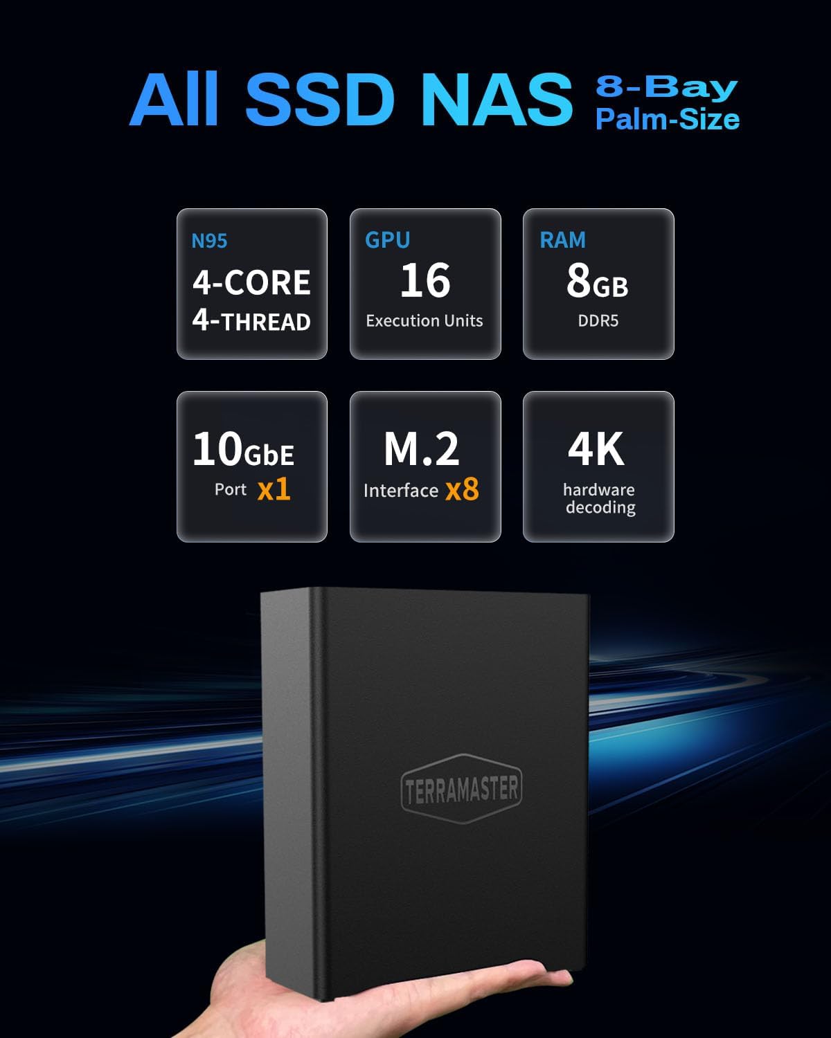 TERRAMASTER F8 SSD NAS Storage - 8Bay All SSD NAS Server N95 QuadCore CPU, 8GB DDR5 RAM, 10GbE Port, 8 Heat Sinks Included, Palm-Sized Powerful Network Attached Storage (Diskless)