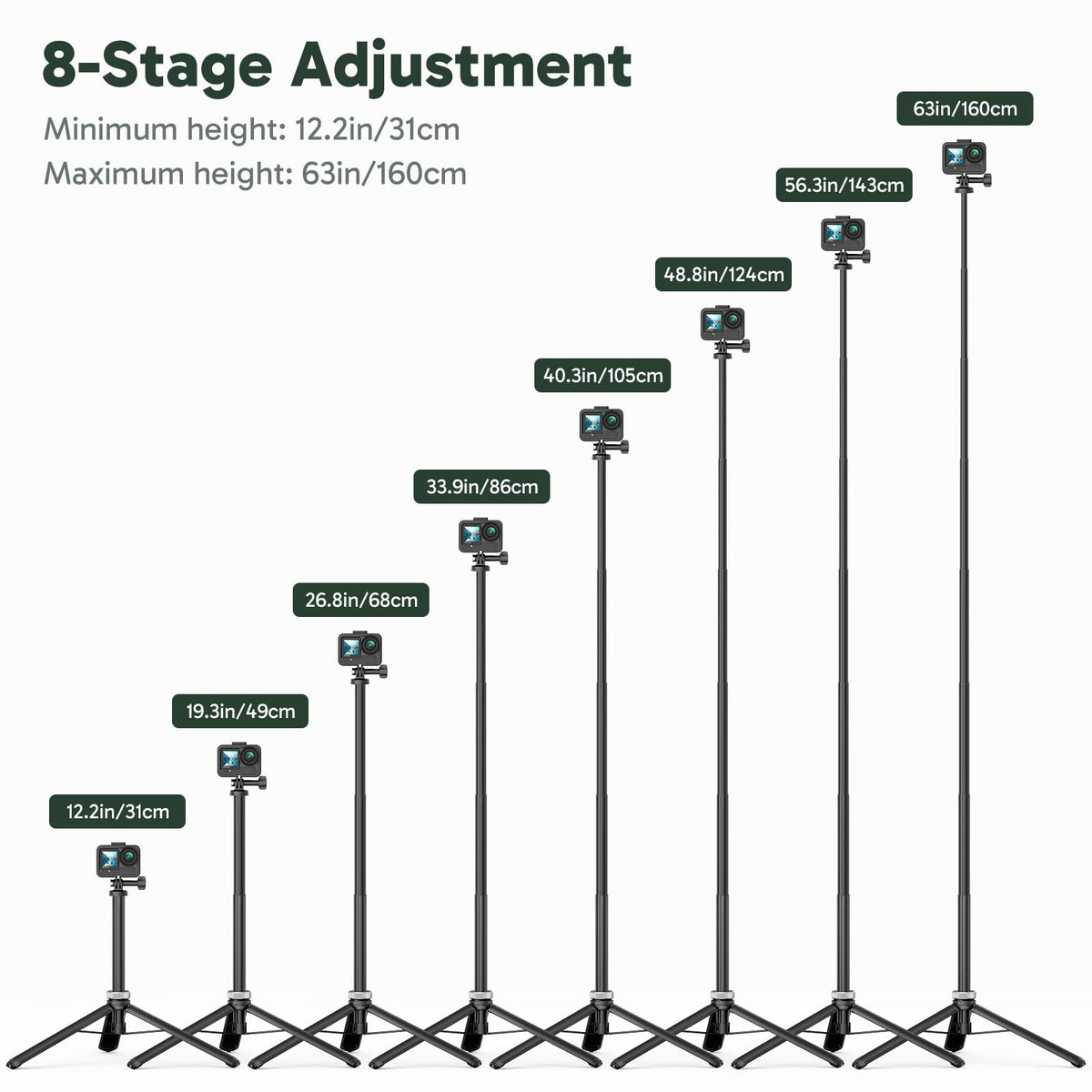 AKASO 160cm Selfie Stick Extendable Tripod Stand for GoPro Hero 13/12/11/10/9/Max, DJI Osmo Action 5/4/3, AKASO EK7000/Brave 4/Brave 7 LE Action